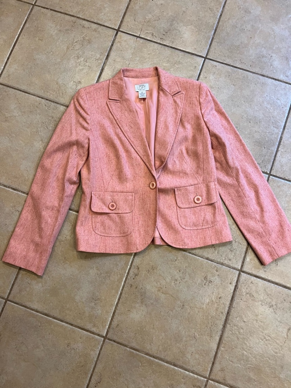 LOFT Pink Tweed Cropped Blazer with Flap Pockets